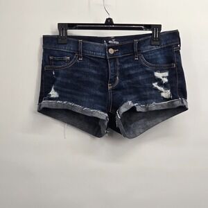 Hollister Low Rise Short Shorts 5 Blue Denim Raw Cuff Hem Dark Wash Distressed